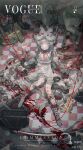  1girl absurdres black_bow blood blood_on_ground boots bow carousel checkered_floor chinese_commentary commentary_request commission corset_piercing ctrl_(821642) dated dress frilled_boots frills full_body grey_eyes hat hat_bow hat_with_ears highres layered_sleeves long_hair long_sleeves mihuashi_commission mihuashi_logo mihuashi_username newspaper on_floor original polka_dot_sleeves red_bow short_over_long_sleeves short_sleeves sitting solo string string_of_fate very_long_hair watermark white_boots white_dress white_hair white_hat 