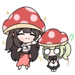  2girls ? brown_hair chibi chibi_only closed_eyes green_hair headpat highres long_hair maid multiple_girls mushroom_hat nepnepping o_o pink_skirt skirt smile sparkle sunna_(afternoon_tea_break)_(zenless_zone_zero) sunna_(zenless_zone_zero) white_background ye_shunguang ye_shunguang_(touch_of_dawnlight) zenless_zone_zero 