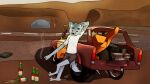 alcohol alfa_(the_sigmas_rising) anthro beer beer_bottle beverage black_bottomwear black_clothing black_shorts blue_body blue_fur bottle bottomwear canid canine canis car cigarette clothing container dead_tree desert desolate fuel_tank fur hatchback hi_res leaning_against_car leaning_on_object long_nose long_snout male mammal plant road rock shirt shorts smoking smoking_cigarette snout solo spilled_drink the_long_drive the_sigmas_rising topwear trabant tree vehicle white_clothing white_shirt white_topwear wolf