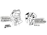 101_dalmatian_street 101_dalmatians 4:3 anatid anseriform anthro arm_around_shoulders avian biped bird black_and_white canid canine canis clothing crossover dalmatian delilah_(101_dalmatians) della_duck disney domestic_dog drake_lutley duck ducktales ducktales_(2017) english_text eyewear female feral goggles headgear heterochromatic_ears holding_shoulder mammal monochrome scarf smile solo text