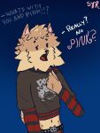 2026 3:4 alternate_costume anthro brown_body brown_fur canid canine canis clothing clothing_swap colored cosplay crop_top digital_drawing_(artwork) digital_media_(artwork) domestic_dog epic_games fetch_(fortnite) fortnite fur grey_clothing hi_res male mammal meow_skulls metalhead_meow_skulls midriff pomeranian pulling_shirt red_clothing shirt simple_background sketch solo spitz standing styxyesrenegade tan_body tan_fur topwear