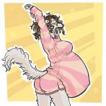 1:1 anthro bottomwear brown_eyes brown_hair canid canine canis clothing domestic_dog female grey_hair grey_nose hair hi_res hunting_dog indi_navin_(indigobx) indigobx mammal nipple_outline onesie open_mouth pattern_clothing pink_clothing pregnant saluki shorts sighthound simple_background solo stretching striped_clothing stripes yawn