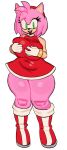 accessory amy_rose anthro big_breasts boots bracelet breast_squish breasts clothing dress dumbarts eulipotyphlan eyelashes female footwear gloves green_eyes hair_accessory hairband hand_on_breast handwear hedgehog hi_res jewelry mammal pink_body sega shoes solo sonic_the_hedgehog_(series) squish thick_thighs wide_hips