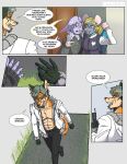 age_difference anthro antonella_kahrman blonde_hair canid canine clothed clothing comic dialogue elderly_anthro elderly_male exposed_chest female fox fur green_body green_fur green_hair grey_background grey_body grey_fur group hair heart_print hi_res koto_fuyumono lagomorph leporid looking_at_another male mammal mouse murid murine older_male orange_body orange_fur purple_body purple_fur rabbit red_eyes rodent simple_background spanish_text tan_body tan_fur text translated usuario2 verenise_violeta victoria_violeta_(usuario2) younger_female