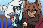 anthro anthrofied avian bird black_clothing clothing colored_sketch dessert duo eevee eeveelution female food generation_1_pokemon generation_4_pokemon glaceon gull hi_res holding_food holding_object ice_cream jace_(tamashii) lari larid long_sleeves looking_at_viewer male nintendo open_mouth pearl123_art pearl_(pearl123_art) pokemon pokemon_(species) pokemorph railing scarf simple_background sketch smile topwear winter_clothing winter_coat