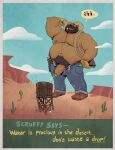 absurd_res anthro armpit_hair armpit_tuft aroused aroused_male balls barazoku bear beard beer_belly belly belly_hair belly_tuft belt biceps big_belly big_muscles big_pecs big_penis blue_bottomwear blue_clothing blue_jeans blue_pants blue_sky bodily_fluids body_hair boots bottomwear brown_armpit_hair brown_beard brown_belt brown_body brown_boots brown_clothing brown_facial_hair brown_footwear brown_fur brown_gloves brown_handwear brown_hat brown_headwear brown_mustache brown_pubes brown_sideburns cactus clothed clothing cloud cloudy_sky cowboy cowboy_boots cowboy_hat cowboy_outfit denim denim_bottomwear denim_clothing desert dialogue dramamine english_text erection eyes_closed facial_hair footwear fur genital_fluids genitals gloves green_clothing green_kerchief gun gun_holster gun_on_thigh handgun handwear happy_trail hat headgear headwear hi_res jeans kerchief lasso macro macro_anthro macro_male male male_peeing mammal manly mature_anthro mature_male mesa_(landscape) musclegut muscular muscular_anthro muscular_arms muscular_male muscular_thighs mustache nature nature_background nipples old_west omorashi open_belt open_bottomwear open_clothing open_pants outside overweight overweight_anthro overweight_male pants pecs peeing peeing_in_water peeing_into_container peeing_into_water peeing_while_erect penis penis_poking_out pistol pistol_holster plant pubes ranged_weapon relieved rope sand scruffy_(scruffybeast) shoes sideburns sky solo speech_bubble sweat sweatdrop sweaty_arms sweaty_belly sweaty_body sweaty_chest sweaty_face sweaty_genitalia sweaty_penis text thick_arms thick_penis thick_thighs topless topless_anthro topless_male tuft unbuckled_pants unzipped unzipped_clothing unzipped_pants urine urine_from_penis urine_stream ursine vein veiny_penis water_tower watersports weapon weapon_holster weapon_on_hip wild_west yellow_urine zipper