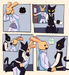 animal_hospital_(roblox) anthro black_body clothed clothing comic digital_media_(artwork) duo felid feline female fur hi_res intern_(animal_hospital) kissing lagomorph leporid male mammal question_mark rabbit roblox secret_agent_(animal_hospital) tail tokodama yellow_body yellow_sclera
