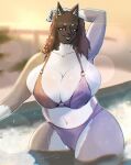 art_fight artfight2026 big_breasts bigoldoinks bikini breasts canid canine canis cleavage clothed clothing curly_hair curvy_figure female hair hi_res huge_breasts mammal mya_(jimjr) solo sunset swimming_pool swimwear thick_thighs tight_clothing two-piece_swimsuit voluptuous voluptuous_anthro voluptuous_female water_drop wet wide_hipped_anthro wide_hipped_female wide_hips wolf