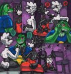 2026 3_fingers 4_fingers abstract_background alligator alligatorid anthro artist_name bare_shoulders big_butt black_body black_clothing black_dress black_eyes black_eyeshadow black_fur black_lipstick black_sclera black_skin blue_clothing blue_shirt blue_t-shirt blue_topwear bottom_heavy bow_tie bubble_butt butt camelid canid canine canis choker claws clothed clothing comic crocodilian crossdressing curled_horn demon demon_humanoid dress el_diablo_(parasitedeath) eye_scar eyelashes eyeshadow eyewear facial_scar femboy finger_claws fingers fluffy fluffy_tail fur gesture glasses glistening glistening_body glistening_butt glistening_fur glistening_scales glistening_skin graphite_(artwork) green_body green_scales group hair hand_gesture hi_res horn horned_humanoid huge_butt huge_hips huge_thighs humanoid imminent_sex imminent_threesome jewelry julio_diaz lips lipstick llama llama_(parasitedeath) looking_at_viewer makeup male male/male mammal marker_(artwork) medium_hair multicolored_body multicolored_scales necklace open_mouth open_smile parasitedeath rectangular_glasses red_clothing red_dress red_eyes reptile scales scalie scar scut_tail sharp_teeth shirt short_tail signature smile strapless_clothing strapless_dress t-shirt tail teeth text thick_lips thick_thighs thumbs_up topwear traditional_media_(artwork) trio two_tone_body two_tone_scales white_body white_eyes white_fur white_hair wide_hipped_anthro wide_hipped_male wide_hips wolf wolf_(parasitedeath)