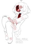 ahoge andromorph anthro blood blood_on_face bloodshot_eye blush blush_lines blush_stickers bodily_fluids chest_tuft claws collar crosshair distracting_watermark felid feline floppy_ears fur hair hi_res intersex lazy_eye mammal messy_hair preychan real_feral scar self-harm self-harm_scars shock_collar short_tail sketch solo tail tuft watermark white_body white_fur white_hair