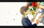  1boy 1girl bare_shoulders black_hair blazer border brown_eyes brown_hair collared_shirt commentary_request diagonal-striped_clothes diagonal-striped_necktie dress florakinesis flower from_side glasses grey_jacket hair_flower hair_ornament jacket kamisato_kakeru layered_sleeves leaf letterboxed light_blush light_smile long_hair long_sleeves looking_at_another medium_dress multicolored_necktie necktie parted_lips purple_flower qniokun red_flower round_eyewear shirt short_hair simple_background sleeveless sleeveless_dress striped_clothes striped_necktie tazuma_claire toaru_majutsu_no_index toaru_majutsu_no_index:_new_testament upper_body white_background white_dress white_flower white_shirt wrist_cuffs yellow_flower 