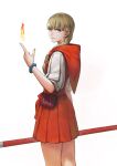  1girl bag blonde_hair bracelet braid commentary cowboy_shot dragon_quest dragon_quest_xi dress english_commentary eyelashes fantasy fire from_side hair_ornament hair_scrunchie hand_up handbag holding holding_staff hood hood_down hooded_dress index_finger_raised jewelry jun_(navigavi) lips long_hair looking_to_the_side nose orange_scrunchie pleated_dress purple_bag purple_eyes red_dress red_hood scrunchie short_sleeves simple_background smile solo staff twin_braids veronica_(dq11) white_background white_sleeves 