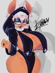 anthro areola areola_slip aslow8274 bat bedroom_eyes big_breasts breasts cleavage clothed clothing female hi_res looking_at_viewer mammal narrowed_eyes nipple_dip nipples nun_outfit rouge_the_bat rouge_the_nun seductive sega solo sonic_the_hedgehog_(series) thick_thighs wide_hips