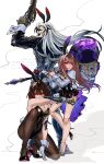  1boy 2girls absurdres animal_ears boothill_(honkai:_star_rail) breasts brown_hair brown_pantyhose bullet_earrings cleavage doll_joints earrings gloves grin gun hammer herta_(honkai:_star_rail) herta_(puppet)_(honkai:_star_rail) highres holding holding_gun holding_hammer holding_weapon honkai:_star_rail honkai_(series) jewelry joints lock long_hair multiple_girls obibi1105 over_shoulder padlock pantyhose playboy_bunny purple_eyes rabbit_ears rabbit_tail red_eyes reverse_grip revolver sharp_teeth smile tail teeth weapon weapon_over_shoulder white_gloves white_hair xueyi_(honkai:_star_rail) 