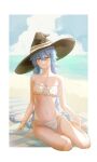  1girl absurdres alternate_costume beach bikini blue_bikini blue_eyes blue_hair border braid breasts cleavage closed_mouth cloud collarbone commentary crossed_bangs dudrinm full_body groin hair_between_eyes hat highres horizon large_hat looking_at_viewer medium_breasts mushoku_tensei navel ocean outdoors roxy_migurdia sand shore side-tie_bikini_bottom sitting sky solo strapless strapless_bikini string_bikini striped_background swimsuit thighs twin_braids vertical-striped_background very_long_braid white_bikini white_border witch_hat 