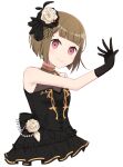  1girl 6th_live_dream_~bloom_garden_party~ absurdres arm_up black_dress black_gloves bluesky021 blunt_bangs bob_cut brown_hair closed_mouth collarbone commentary_request dress flower flower_stand_art gloves hair_flower hair_ornament highres inverted_bob kachimachi_kosuzu looking_at_viewer love_live! love_live!_hasu_no_sora_jogakuin_school_idol_club pink_eyes rose short_hair simple_background sleeveless sleeveless_dress smile solo sparkly_spot_(love_live!) v-shaped_eyebrows white_background white_flower white_rose 