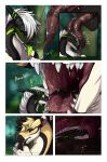 black_body black_claws blue_eyes claws comic dragon duo extreme_french_kiss felid feral forest french_kissing fur green_eyes green_tongue head_lick hi_res kissing licking long_tongue mammal multicolored_body mythological_creature mythological_scalie mythology neck_bulge nitro_(tartii) nummynumz oral_vore pawpads plant role_reversal running scalie size_difference tail teeth tongue tongue_out tree uvula vore white_body white_fur yellow_body yellow_fur
