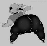 angry anthro big_butt black_bottomwear black_clothing black_pants bodily_fluids bottomwear butt clothed clothing eyewear felid feline frown fur glasses grey_body grey_clothing grey_fur grey_shirt grey_topwear hi_res male mammal monochrome morbidly_obese morbidly_obese_anthro obese obese_anthro overweight overweight_anthro overweight_male pants shirt solo sweat sweaty_butt topwear