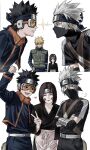  1girl 3boys arm_up averting_eyes black_eyes black_hair blonde_hair crossed_arms face-to-face fighting flak_jacket forehead_protector grey_hair hatake_kakashi heart highres jacket konohagakure_shinobi_uniform konohagakure_symbol looking_at_another looking_to_the_side mask mouth_mask multiple_boys namikaze_minato naruto_(series) naruto_shippuuden nohara_rin open_mouth simple_background spiked_hair sso_s uchiha_obito v white_background 