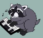 2026 ambiguous_gender black_nose danielle_ryan digital_drawing_(artwork) digital_media_(artwork) disability feral flat_colors green_background hi_res jimothy keyboard_instrument mammal musical_instrument musical_keyboard musical_note musical_symbol playing_music procyonid raccoon short_tail simple_background sitting snout solo symbol tail whiskers white_whiskers