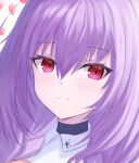  1girl atsuko_(blue_archive) blue_archive collared_dress commentary dress eyelashes falling_petals hair_between_eyes light_blush long_hair petals pink_petals portrait purple_hair red_eyes simple_background sketch smile solo split_mouth white_background white_dress wing_collar wrightia 