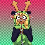 1:1 abstract_background anthro antlers blonde_hair blush buckteeth clothing deer deltarune female fingers_together gir_(invader_zim) green_eyes hair hoodie horn invader_zim lightner magik_woman mammal new_world_deer nickelodeon noelle_holiday open_mouth red_nose reindeer siivagunner solo teeth topwear undertale_(series) zipper