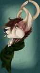 anthro antlers black_nose brown_body brown_fur brown_hair cigarette cigarette_in_mouth deer facial_piercing fur green_background green_eyes hair hi_res horn inner_ear_fluff lip_piercing male mammal multicolored_body multicolored_fur neck_tuft nose_piercing nose_ring object_in_mouth piercing portrait ring_piercing scarf simple_background smoking smoking_cigarette solo tan_antlers thejackaolf_(artist) tuft white_inner_ear_fluff