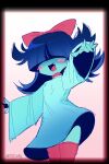  1girl aqua_(deltarune) aqua_dress aqua_skin arm_up blue_hair blush_stickers bow choker colored_skin deltarune dress fang hair_bow hair_over_eyes highres long_sleeves open_mouth red_bow red_choker red_thighhighs signature smile solo thighhighs two_side_up utdr_(toby_fox) vampsuey wide_sleeves wind wind_lift zettai_ryouiki 