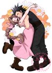  1boy 1girl aerith_gainsborough baggy_pants bare_arms bare_shoulders black_hair black_pants boots braid braided_ponytail brown_boots brown_hair closed_eyes commentary_request couple crisis_core:_final_fantasy_vii cross_scar earrings final_fantasy final_fantasy_vii final_fantasy_vii_remake floral_background full_body grin hair_ribbon hetero highres hug jewelry long_hair open_mouth pants parted_bangs pink_ribbon ribbed_sweater ribbon scar scar_on_cheek scar_on_face shikiwo sleeveless sleeveless_turtleneck smile spiked_hair standing standing_on_one_leg stud_earrings sweater turtleneck turtleneck_sweater zack_fair 