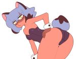 2026 anthro beastman_(brand_new_animal) bent_over biped blue_hair brand_new_animal breasts brown_body bunny_costume butt butt_focus canid canine clothed clothing costume cuffs_(clothing) digital_drawing_(artwork) digital_media_(artwork) dipstick_tail facial_markings female gloves_(marking) hair hand_on_hip head_markings hi_res leotard looking_back mammal markings mask_(marking) michiru_kagemori oddity27 presenting presenting_hindquarters raccoon_dog rear_view simple_background small_breasts small_tail solo studio_trigger tail tail_markings tanuki white_background
