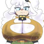 1:1 anthro bell bell_collar big_breasts blue_eyes bodily_fluids bovid breasts caprine cleavage cleavage_cutout clothed clothing collar cutout female horn idw_publishing lactating lactating_through_clothing lanolin_the_sheep_(sonic) looking_at_viewer mammal sega sheep simoncross solo sonic_the_hedgehog_(comics) sonic_the_hedgehog_(idw) sonic_the_hedgehog_(series) wardrobe_malfunction wet wet_clothing