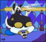 anthro anubian_jackal bandage bandaged_arm big_breasts black_body black_border black_fur blush border breast_expansion breasts busty_boy_(lore) canid canine canis clothed clothing curtains egyptian egyptian_clothing erection erection_under_clothing expansion fur golden_areola golden_nipples gynomorph hand_on_breast hookah huge_breasts hyper hyper_breasts intersex jackal male_(lore) mammal multicolored_body multicolored_fur pillow smoke_cloud solo topless topless_gynomorph topless_intersex trinitylight