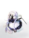  17hornet77987 1girl alternate_costume apron arthropod_girl black_bow black_bowtie black_skin blank_eyes blush bow bowtie colored_skin dress frilled_dress frills full_body highres holding holding_pin holding_weapon hollow_knight hollow_knight:_silksong lace_(hollow_knight) long_hair maid maid_apron maid_headdress pin_(hollow_knight) short_sleeves simple_background solo standing waist_apron weapon white_apron white_background white_eyes white_hair 