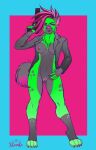 2018 3_toes 5_fingers anthro areola arms_bent artist_name barbell_piercing biped black_lips black_spots black_tail blue_background bottomless bottomless_anthro bottomless_female breasts chest_tuft claws closed_smile clothed clothed_anthro clothed_female clothing colored digital_drawing_(artwork) digital_media_(artwork) dipstick_tail ear_piercing ear_ring english_description eyebrow_piercing eyelashes facial_piercing fangs feet female female_anthro finger_claws fingers fluffy fluffy_tail full-length_portrait fur genitals green_body green_fingers green_fur green_spots gun hair handgun hi_res holding_gun holding_handgun holding_object holding_pistol holding_ranged_weapon holding_weapon humanoid_genitalia humanoid_vulva hyena jacket jacket_only lidded_eyes light lighting lips mammal markings medium_breasts medium_hair mouth_closed multicolored_body multicolored_fur multicolored_hair navel nipples open_clothing open_jacket open_topwear paws piercing pink_areola pink_claws pink_hair pink_inner_ear pink_nipples pink_nose pink_tail_tip pistol portrait purple_eyes ranged_weapon rectangle ring_piercing shianko simple_background slim_anthro slim_female small_areola small_nipples smile solo spots spotted_body spotted_fur standing tail tail_markings teeth text thick_bottom_lip toe_claws toes topwear topwear_only trigger_discipline tuft two_tone_body two_tone_fur two_tone_hair two_tone_tail vulva weapon white_sclera