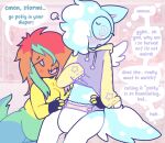 anthro blush breasts canid canine clean_diaper clothed clothing clothing_lift diaper domestic_cat duo eyewear facial_piercing feathered_wings feathers felid feline felis female fingerless_gloves fluffy fluffy_tail freckles fur glasses gloves guppyscollar hair hair_over_eye handwear hi_res hoodie male male/female mammal medium_breasts multicolored_body multicolored_fur nervous patterned_fur piercing rainbow_body rainbow_fur raine_beau_(guppyscollar) scene_haircut short_tail shy sitting slightly_chubby speech_bubble spiral spiral_eyes stormi_clouds_(guppyscollar) tail text topwear wearing_diaper wings