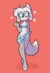 2026 absurd_res anthro astrid_(runebellart) bikini bikini_top bikini_top_only bottomless canid clothed clothing eyewear female glasses hi_res mammal runebellart simple_background small_waist solo swimwear thick_thighs topwear topwear_only two-piece_swimsuit wide_hips