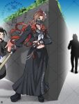  1girl 2boys aerith_gainsborough aerith_gainsborough_(midgard_seventh_high_school) black_choker black_gloves black_hair black_serafuku black_skirt brown_hair choker commentary_request crop_top cropped_shirt delinquent final_fantasy final_fantasy_vii final_fantasy_vii:_ever_crisis flower full_body gakuran gloves gradient_hair green_eyes hair_flower hair_ornament hiding highres long_hair long_skirt mask midriff_peek mouth_mask multicolored_hair multiple_boys navel outdoors parted_bangs red_hair school_uniform sephiroth serafuku shikiwo skirt standing sukeban two-tone_hair walking watermark zack_fair zack_fair_(midgard_seventh_high_school) 