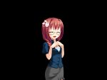  1girl :d ^_^ black_background blue_shirt blush braid breasts closed_eyes collared_shirt cowboy_shot fumizuki_yukari game_asset glasses grey_skirt hair_intakes hair_ornament hair_over_shoulder hands_on_own_chest hara_hara!! jewelry large_variant_set long_hair necklace non-web_source official_art open_mouth pencil_skirt puffy_short_sleeves puffy_sleeves rabbit_hair_ornament rabbit_ornament red_hair self-datamine sena_mirai_(hara_hara!!) shirt short_sleeves sidelocks simple_background skirt small_breasts smile solo standing tachi-e variant_set 