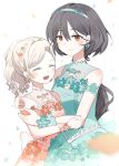  2girls 6th_live_dream_~bloom_garden_party~ :d ^_^ aqua_dress aqua_petals bare_shoulders black_hair blush ceras_yanagida_lilienfeld churhami closed_eyes closed_mouth commentary dress edel_note falling_petals flower_stand_art grey_hair hair_intakes highres hug ima_kako_mirai_no_sangenshoku jellyfish_cut katsuragi_izumi long_hair love_live! love_live!_hasu_no_sora_jogakuin_school_idol_club multiple_girls open_mouth orange_dress orange_eyes orange_petals petals ponytail simple_background sleeveless sleeveless_dress smile white_background 