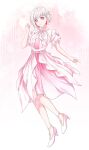  1girl 6th_live_dream_~bloom_garden_party~ closed_mouth colored_inner_hair commentary_request dress flower_stand_art frilled_sleeves frills full_body hair_intakes high_heels highres link_to_the_future_(love_live!) looking_at_viewer love_live! love_live!_hasu_no_sora_jogakuin_school_idol_club mizuno_(shuishui) multicolored_hair pink_background pink_dress pink_eyes red_hair shoes short_sleeves smile solo virtual_youtuber white_hair white_shoes yugiri_tsuzuri 