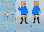 ahoge anthro bangs black_eyeshadow blue_background blue_clothing blue_eyes blue_hoodie blue_topwear blush bottomwear clothed clothing domestic_cat ellia_ast english_text eyelashes eyeshadow eyewear felid feline felis fishnet_clothing flower forget-me-not_(flower) front_view fur glasses glistening_eyelids hair hi_res hoodie legwear long_eyelashes makeup male mammal messy_hair model_sheet one_eye_closed orange_body orange_fur paws pink_nose plant shorts simple_background solo tabby_cat text thigh_highs topwear wink