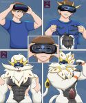 5:6 abs absurd_res anthro balls blue_background comic erection felid feline furminko27 generation_7_pokemon genitals hi_res human human_wearing_fursuit hypnosis legendary_pokemon lion male mammal mind_control muscular muscular_male nintendo nude pantherine pecs penis pokemon pokemon_(species) pokemorph ringed_eyes simple_background solgaleo solo species_transformation standing tail tongue tongue_out transformation vr_headset
