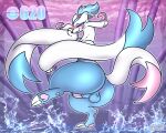2026 3_toes abstract_background absurd_res aki_(wingedwilly) animal_genitalia anus balls bamboo big_butt blue_hair blue_markings blush bottom_heavy butt claws ear_piercing ear_ring earrings_only feet femboy feral fur generation_5_pokemon genitals hair hi_res huge_butt long_neck looking_at_viewer magenta_eyes male markings mienshao nintendo on_model one_leg_up pawpads paws penis piercing pink_markings pokemon pokemon_(species) presenting presenting_balls presenting_hindquarters presenting_penis raised_leg ring_piercing seductive sheath signature small_balls smug_face smug_grin solo splashing_water tail tapering_penis thick_thighs toe_claws toes top_knot water white_body white_fur wide_hips wingedwilly