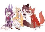  4girls animal_ears arm_at_side arm_up artist_name barefoot bear_ears bear_girl bib black_bow black_bowtie black_choker blonde_hair blush bonnie_(fnaf) bow bowtie bracelet breasts brown_hair brown_pants chica choker clothes_writing collared_shirt commentary_request dress earrings english_text eyepatch five_nights_at_freddy's five_nights_at_freddy's_1 flat_color fluffy_hair fox_ears fox_girl fox_tail foxy_(fnaf) freddy_fazbear full_body genderswap genderswap_(mtf) grey_shorts hair_intakes hand_in_own_hair hand_on_floor highres humanization jacket jewelry kneeling knees_together_feet_apart knees_up leaning_forward long_hair long_sleeves looking_at_another maid_headdress meme_(penpengusa_no_meme) multiple_earrings multiple_girls necklace one_eye_closed one_eye_covered orange_dress orange_shoes pants pocket ponytail purple_hair purple_shirt rabbit_ears rabbit_girl rabbit_tail red_bow red_bowtie red_eyes red_jacket see-through_clothes see-through_sleeves seiza shirt shoes short_hair short_shorts short_tail shorts sidelocks signature simple_background sitting sketch small_breasts socks striped_clothes striped_shirt suspender_pants suspenders tail traditional_bowtie twintails white_background white_shirt white_socks yellow_eyes yokozuwari 