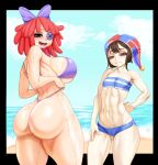 absurd_res accessory animate_inanimate bandeau_bikini beach bedroom_eyes big_breasts big_butt bikini biped bodily_fluids bow_ribbon breasts brown_hair butt button_(fastener) button_eyes clothing cloud dogiflan doll duo english_description female flat_chested fool's_hat glistening glistening_breasts glistening_butt glistening_thighs glitch_productions hair hair_accessory hair_bow hair_ribbon hat headgear headwear hi_res humanoid light_body light_skin living_doll long_hair medium_hair muscular muscular_female muscular_humanoid narrowed_eyes navel nipple_outline not_furry open_mouth open_smile outside pomni_(tadc) purple_bikini purple_clothing purple_swimwear rag_doll_(toy) ragatha_(tadc) red_hair ribbons saliva seductive shaded smile standing stitch_(sewing) sweat sweaty_breasts sweaty_butt swimwear the_amazing_digital_circus two-piece_swimsuit