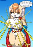 absurd_res annoyed anthro belt big_breasts blue_background bouncing_breasts breasts brown_body brown_fur brown_hair brown_nose buckteeth bullet cape cleavage clothed clothing cosplay crossover crossover_cosplay curvy_figure dc_comics ears_down english_text eyelashes female female_anthro flashpointgear fur glistening glistening_eyelids glistening_hair gradient_background hair half-closed_eyes hand_on_hip hi_res huge_breasts lagomorph leporid looking_at_viewer mammal mature_female motion_lines narrowed_eyes pivoted_ears power_girl rabbit red_belt red_cape red_clothing sega simple_background solo sonic_the_hedgehog_(series) standing superhero superhero_costume tan_body tan_fur teeth text thick_thighs vanilla_the_rabbit voluptuous voluptuous_anthro voluptuous_female white_body white_fur wide_hips