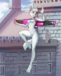 2024 3_toes 4:5 5_fingers absurd_res anthro breasts canid canine canis castle cloud diacordst domestic_dog feet female fingers fur genitals hi_res hunting_dog jet_pack mammal navel nude outside paw_patrol pink_eyes smile solo sweetie_(paw_patrol) terrier toes vulva west_highland_white_terrier white_body white_fur