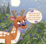 2026 animate_inanimate banana_evil6 berry cloud deer deer_mike dialogue english_text feral food fruit half-closed_eyes hi_res ill inflatable living_inflatable male mammal mike_(deer_mike) motion_lines narrowed_eyes plant shrub sky solo speech_bubble sun teeth text