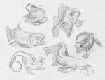 ambiguous_gender amphibian aquatic big_eye catfish cyprinid cypriniform feral fin fish frog goldfish group horizontal_pupils leviticusr lizard long_tail monochrome open_mouth pupils quadruped reptile salmon salmonid_(fish) scalie sketch tail toad_(frog) traditional_media_(artwork) whiskers