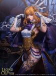  1girl armor armpits blue_thighhighs breasts brown_corset brown_hair capelet capelet_lift center_frills cglange choker collar copyright_name corset dated dress ear_ornament elimval feather_hair_ornament feathers frills gloves gold_trim hair_ornament legend_of_the_cryptids lips medium_breasts medium_hair mirror nose official_art panties pauldrons pointy_ears purple_capelet purple_ribbon purple_rope red_choker red_eyes reflection ribbon rope shoulder_armor solo standing strap table tailcoat tassel-trimmed_capelet thighhighs thighs tree underwear vanity_table white_gloves 